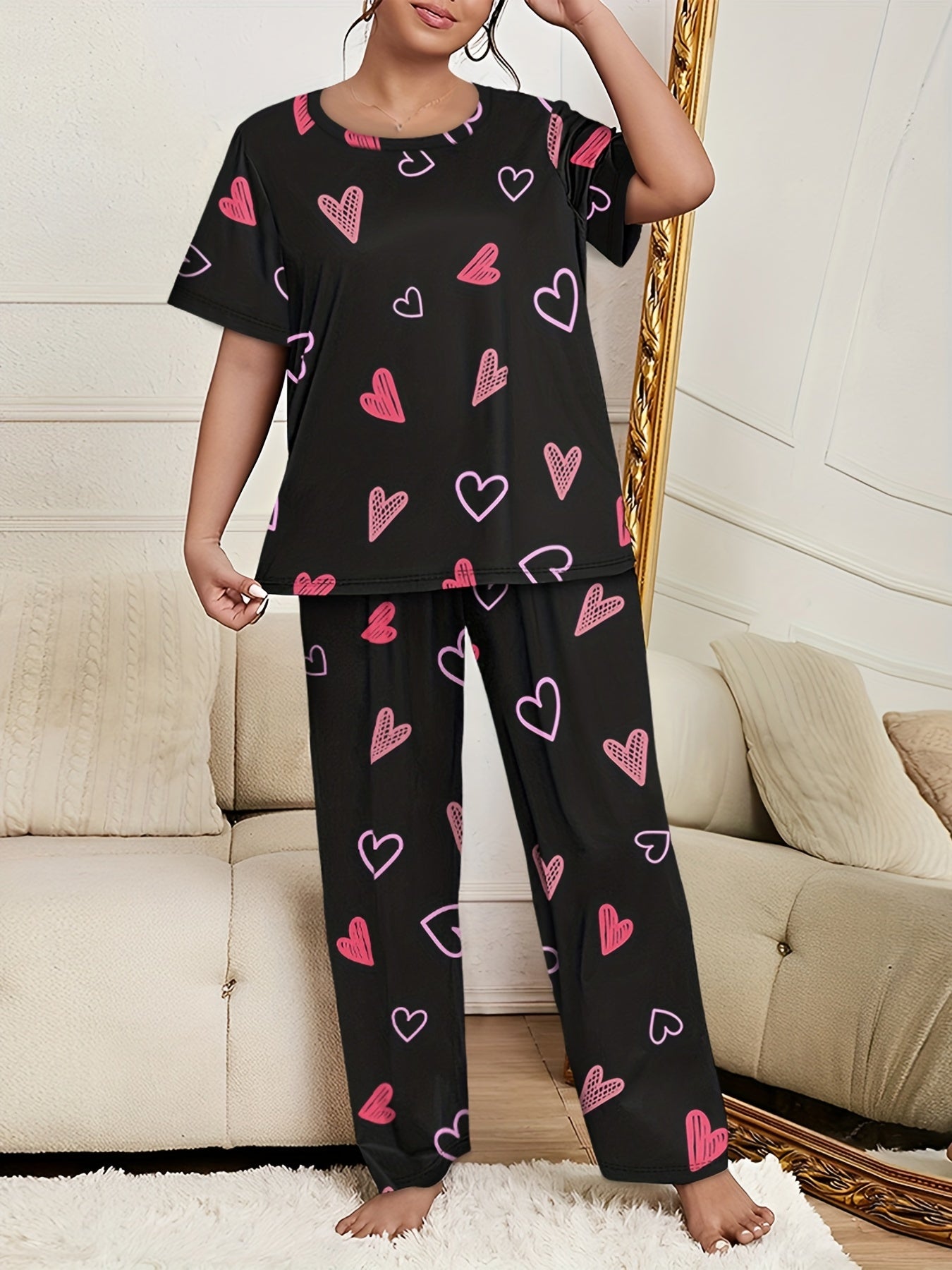 Leopard Cat Graphic Pajama Set Short Sleeve Tee & Wide Leg Pants