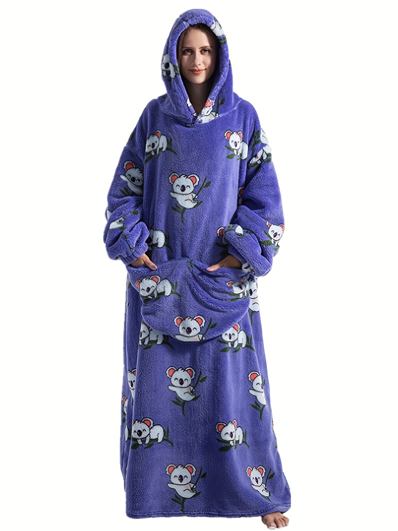 Koala Pattern Flannel Fleece Nightgown with Sleeves & Pockets