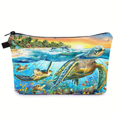 Ocean Dolphin Sea Turtle Print Cosmetic Bag Zipper Makeup Pouch Toiletry Bag