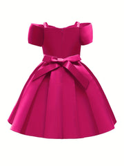 Girls Cold Shoulder Princess Pink Big Bow Decor Performance Dress