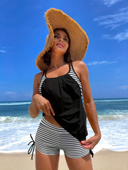 Striped Print Tankini Sets Criss Cross Straps Colorblock Boxer Short