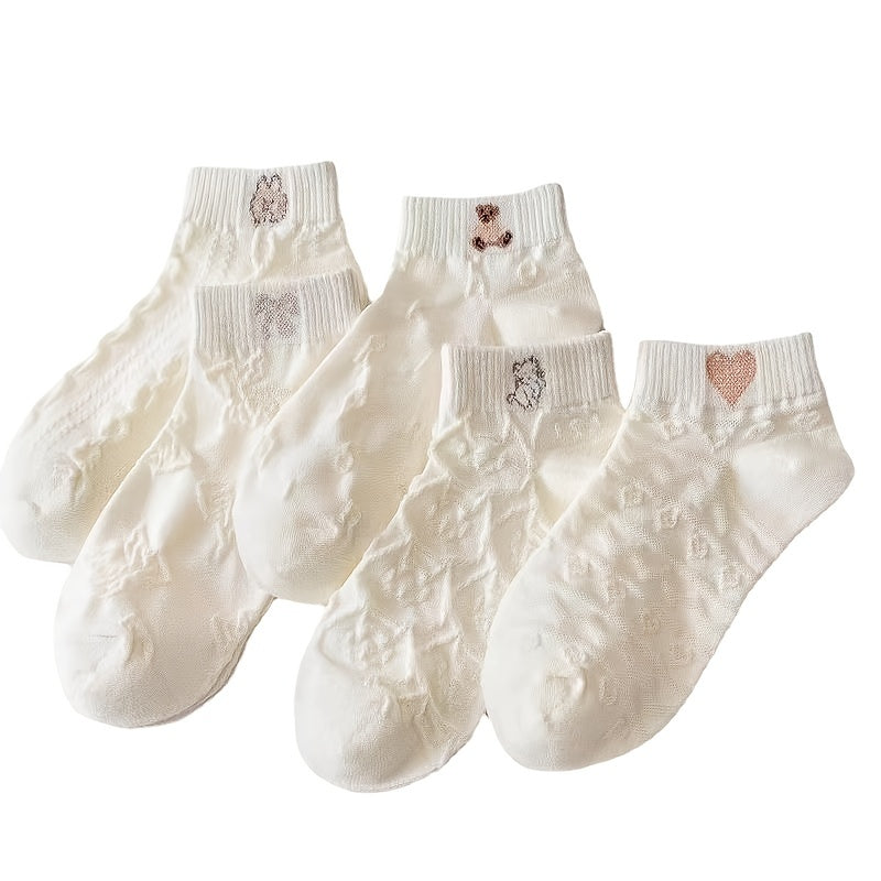5 Pairs Sweet Bear & Heart Print Ankle Socks Women's Stockings