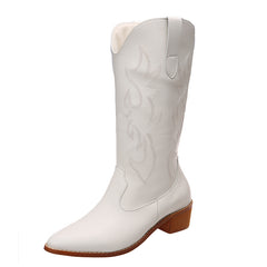Women's Block Heel Mid Calf Boots Retro Embroidery Pointed Toe Cowgirl Boots