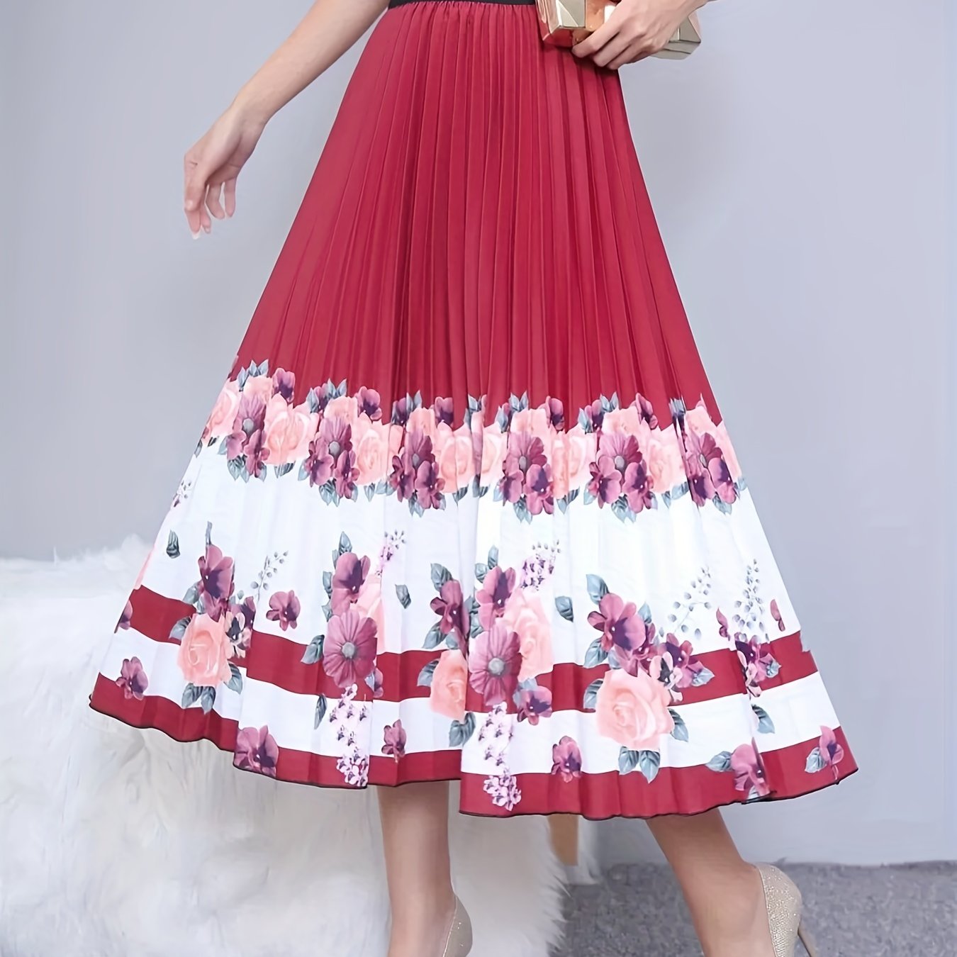 Floral Print Elastic Waist A-line Skirt Plus Size