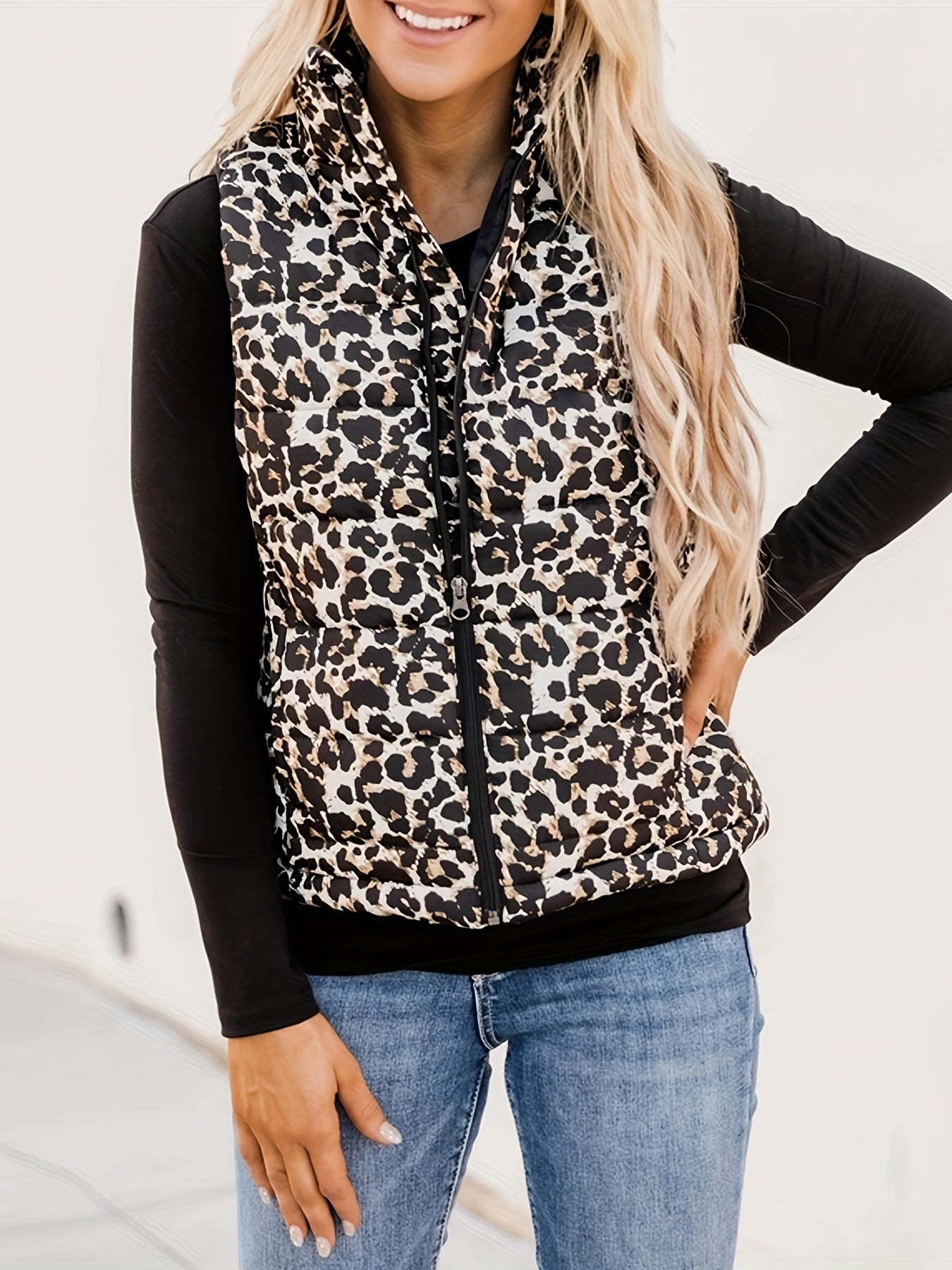 Leopard Print Zip Up Sleeveless Vest High Neck Casual Women's Clothing