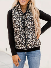 Leopard Print Zip Up Sleeveless Vest High Neck Casual Women's Clothing
