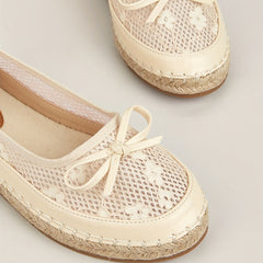 Floral Mesh Espadrille Flats with Bow Detail - Slip On Casual Outdoor Shoes