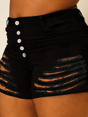 Casual Denim Shorts Women's Plus Solid Button Fly Ripped High Rise Med