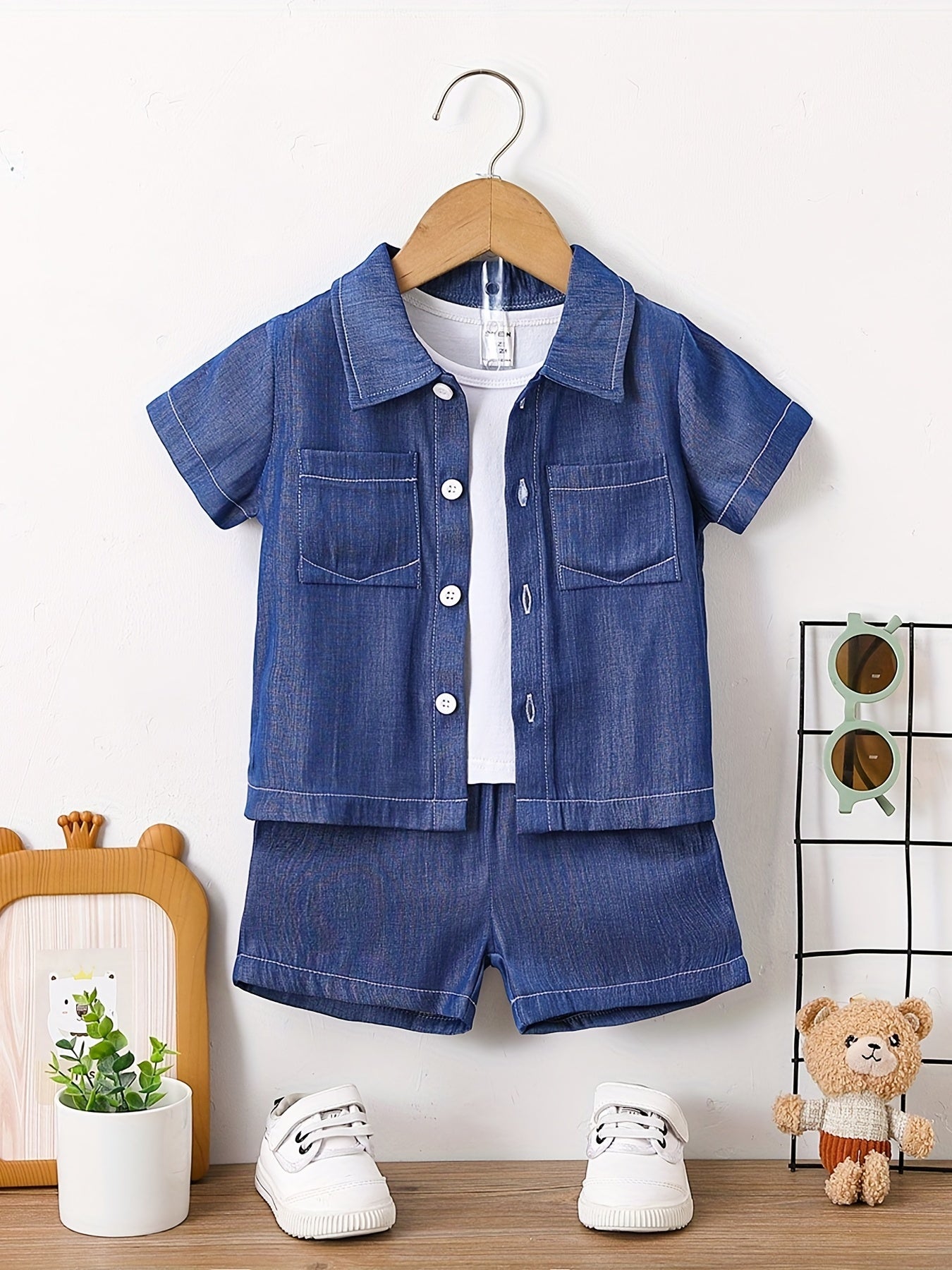 2pcs Baby Boys Denim Shirt & Shorts Set