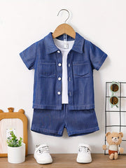 2pcs Baby Boys Denim Shirt & Shorts Set