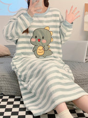 Cartoon Dinosaur Print NightDress Long Sleeve Crew Neck Fuzzy Pajama Dress