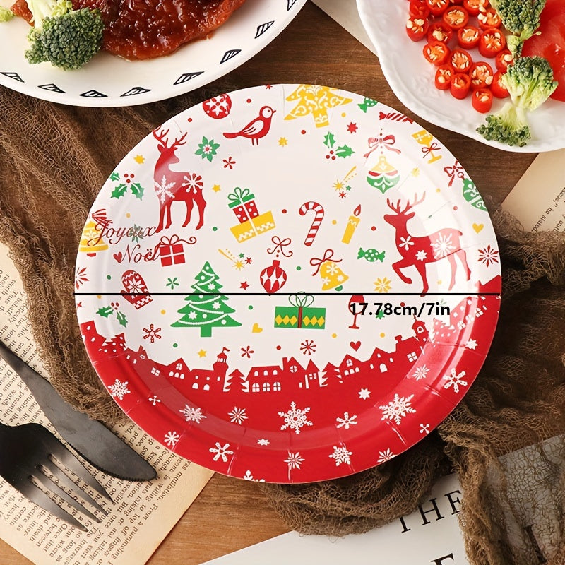 10pcs Christmas Paper Cup Plate Disposable Tableware Set Holiday Party Decor