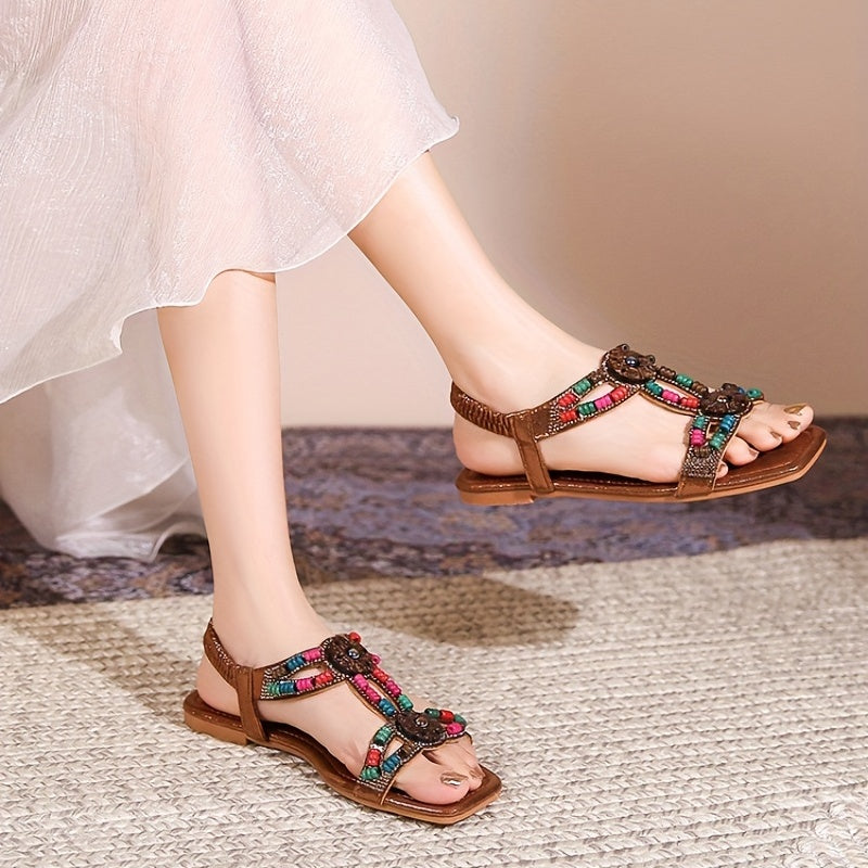 Boho Ethnic Style Beaded Flat Sandals for Women