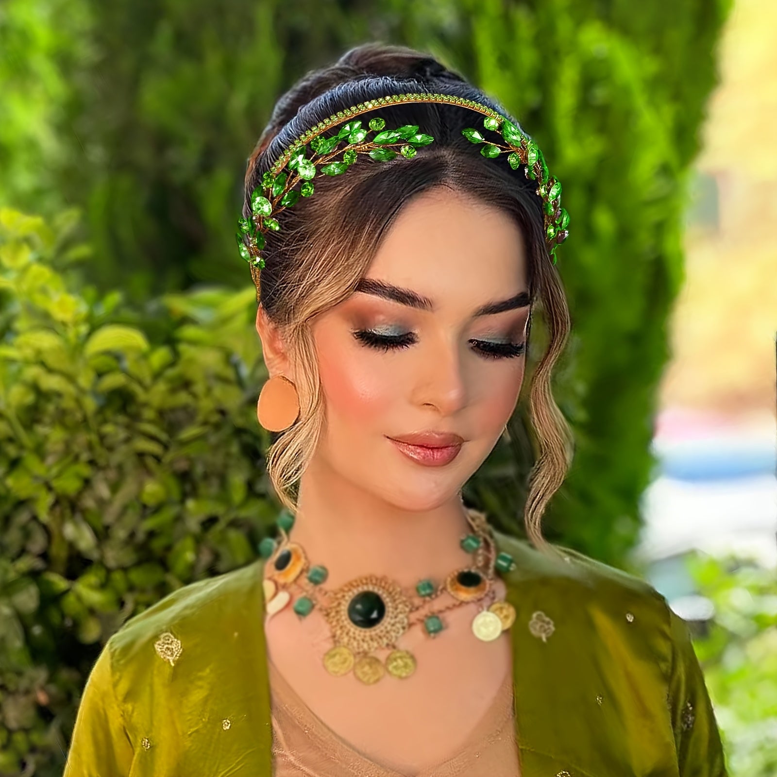 Green Rhinestone Bridal Headband for Weddings Proms & Parties