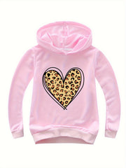 Leopard Print Heart Pattern Hooded Sweatshirt for Girls Sports