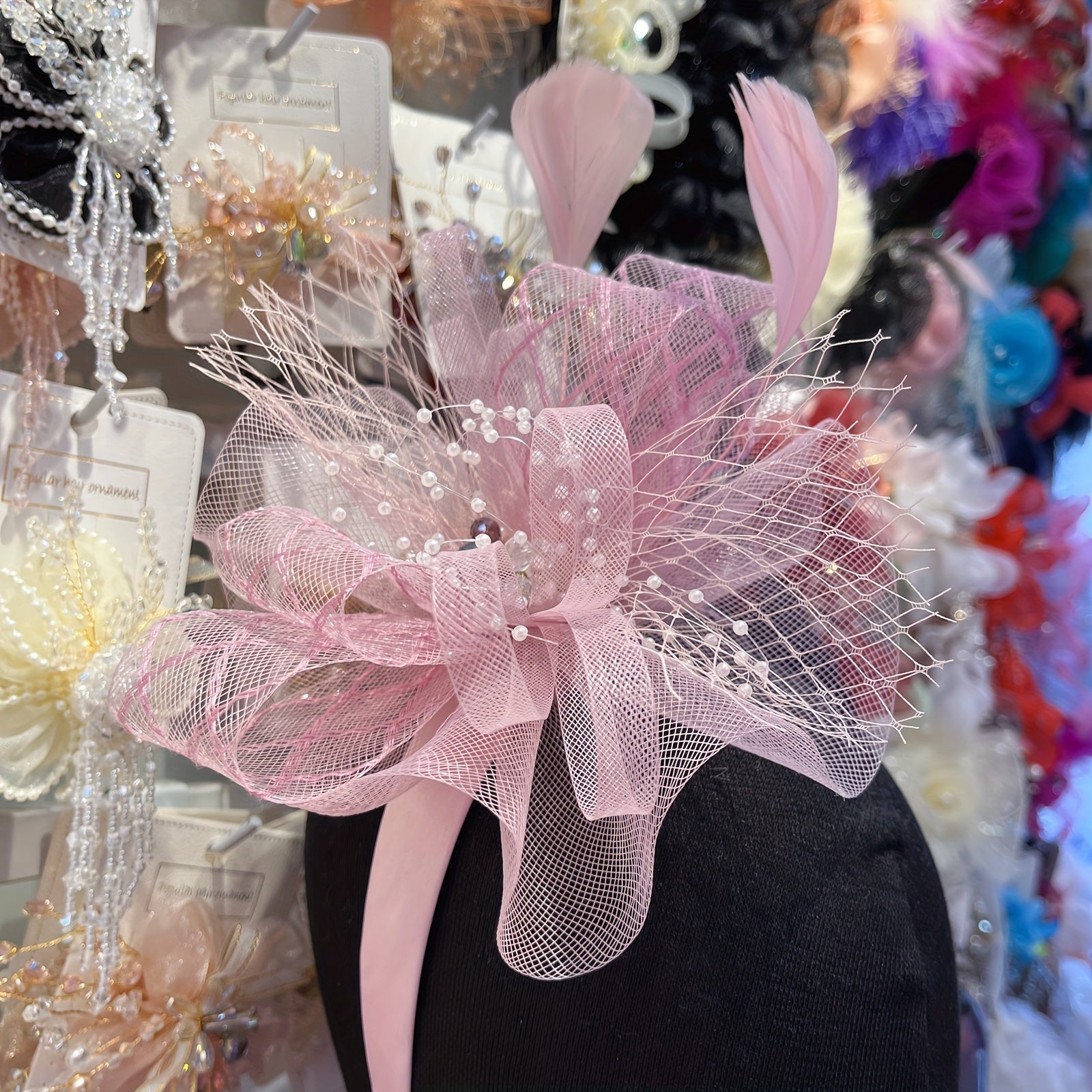 Mesh Flower Faux Feather Headband for Cocktail Tea Party