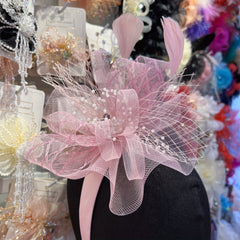 Mesh Flower Faux Feather Headband for Cocktail Tea Party