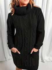 Turtle Neck Cable Sweater Dress with Pockets