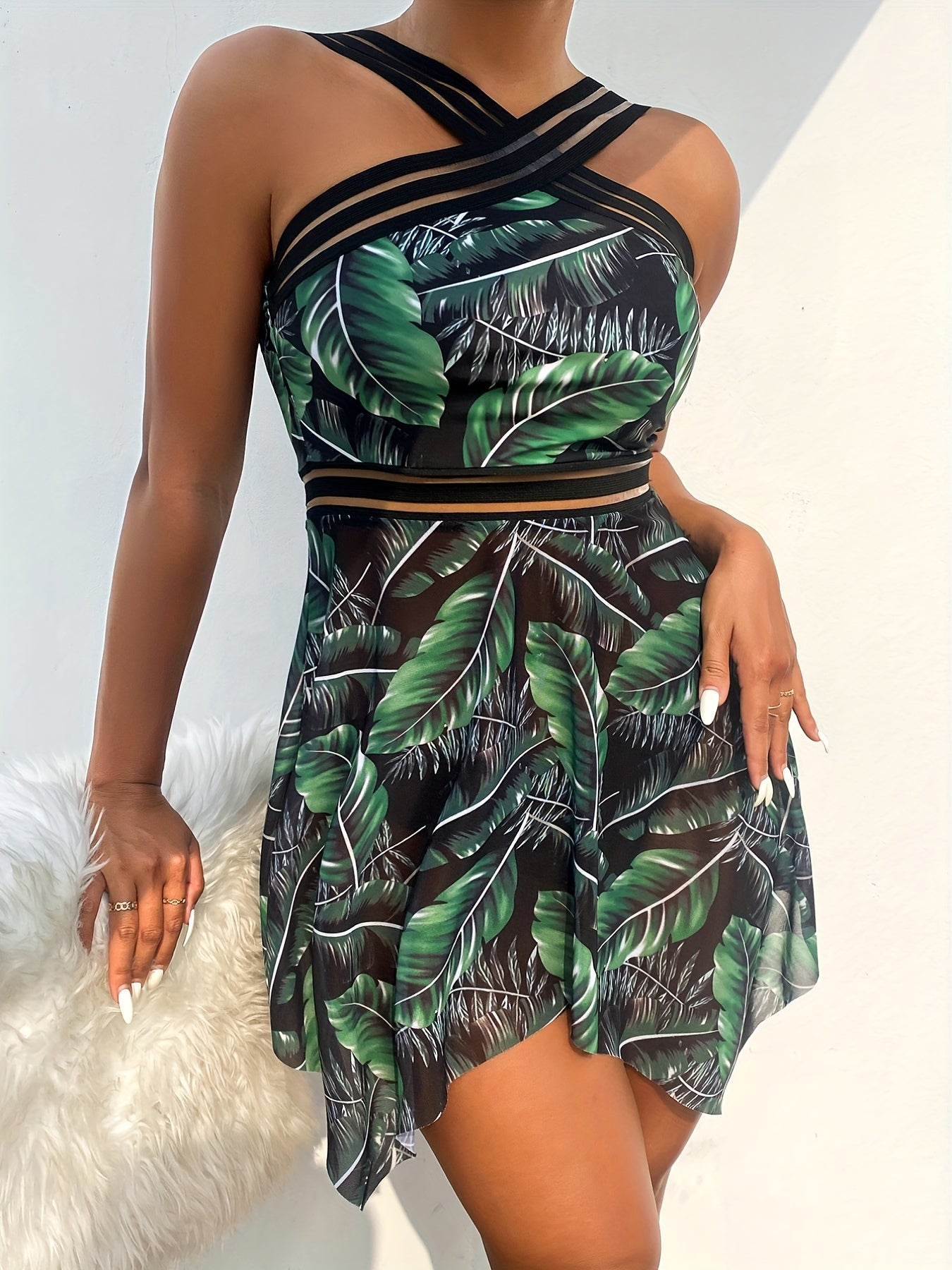 Leaf Print Mesh 2-Piece Swimsuit High Cut Beachwear Women's Swimwear