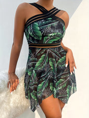 Leaf Print Mesh 2-Piece Swimsuit High Cut Beachwear Women's Swimwear