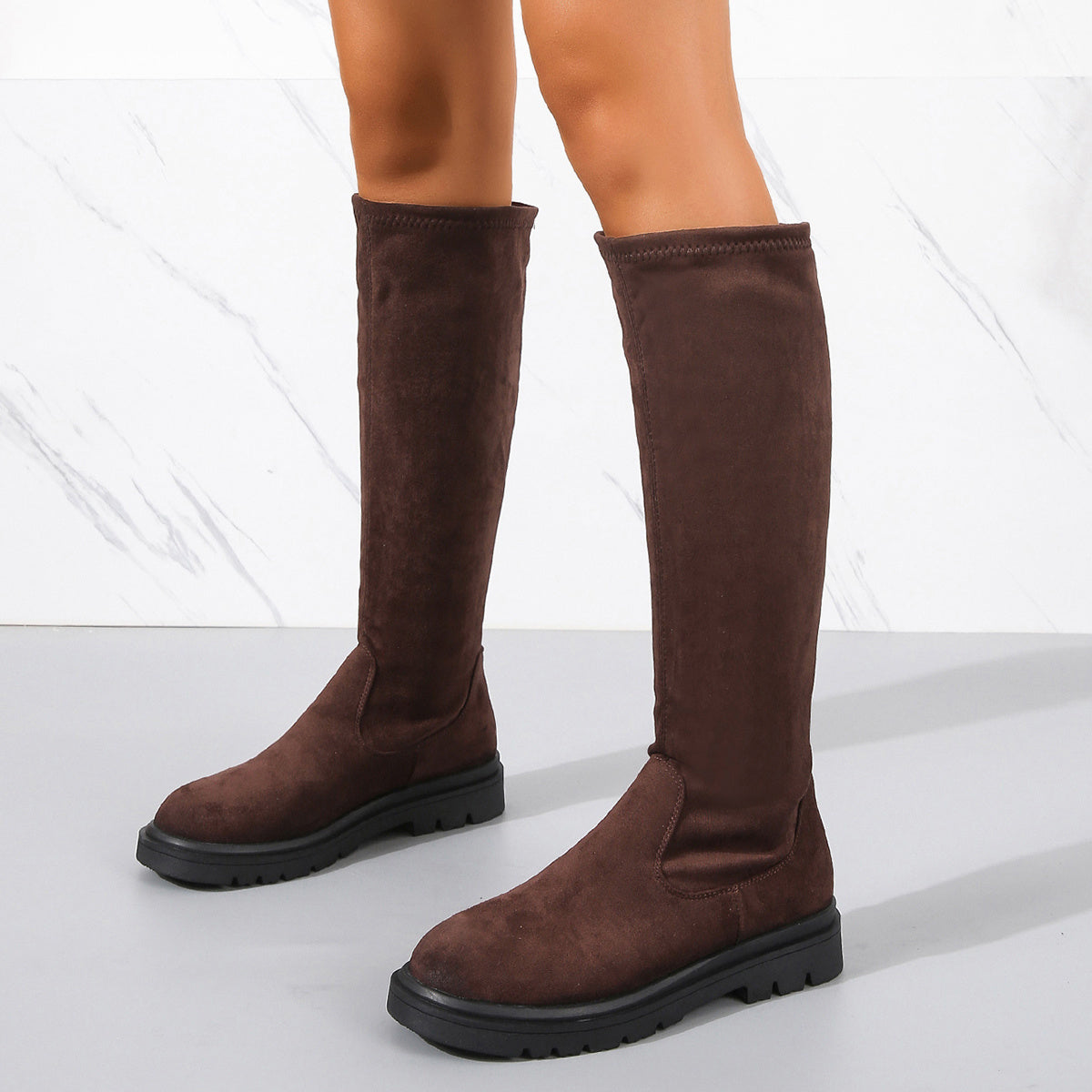 Women's Stretch Knee High Boots Solid Round Toe Pull On Long Boots Comfort