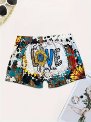 Women's Plus Sunflower & Art Letter Print Tie Dye Elastic High Rise Shorts