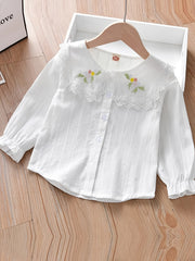 Kid Girls Flower Embroidered Collar Long Sleeve Uniform Shirt Button Down Blouse