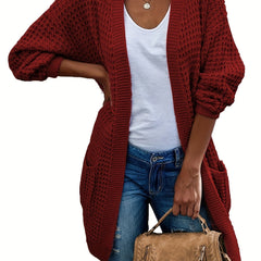 Solid Long Sleeve Open Front Cardigan With Pockets