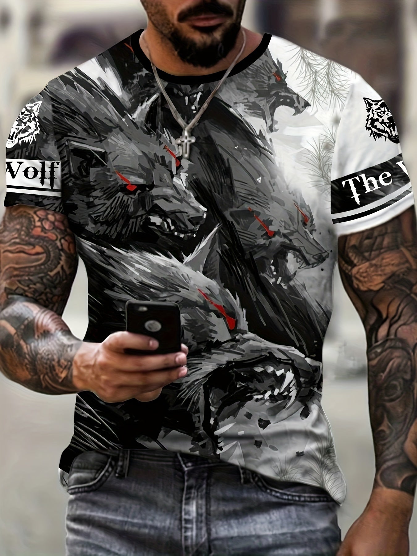 Men's Wolf Graphic T-shirt Casual Tee for Summer