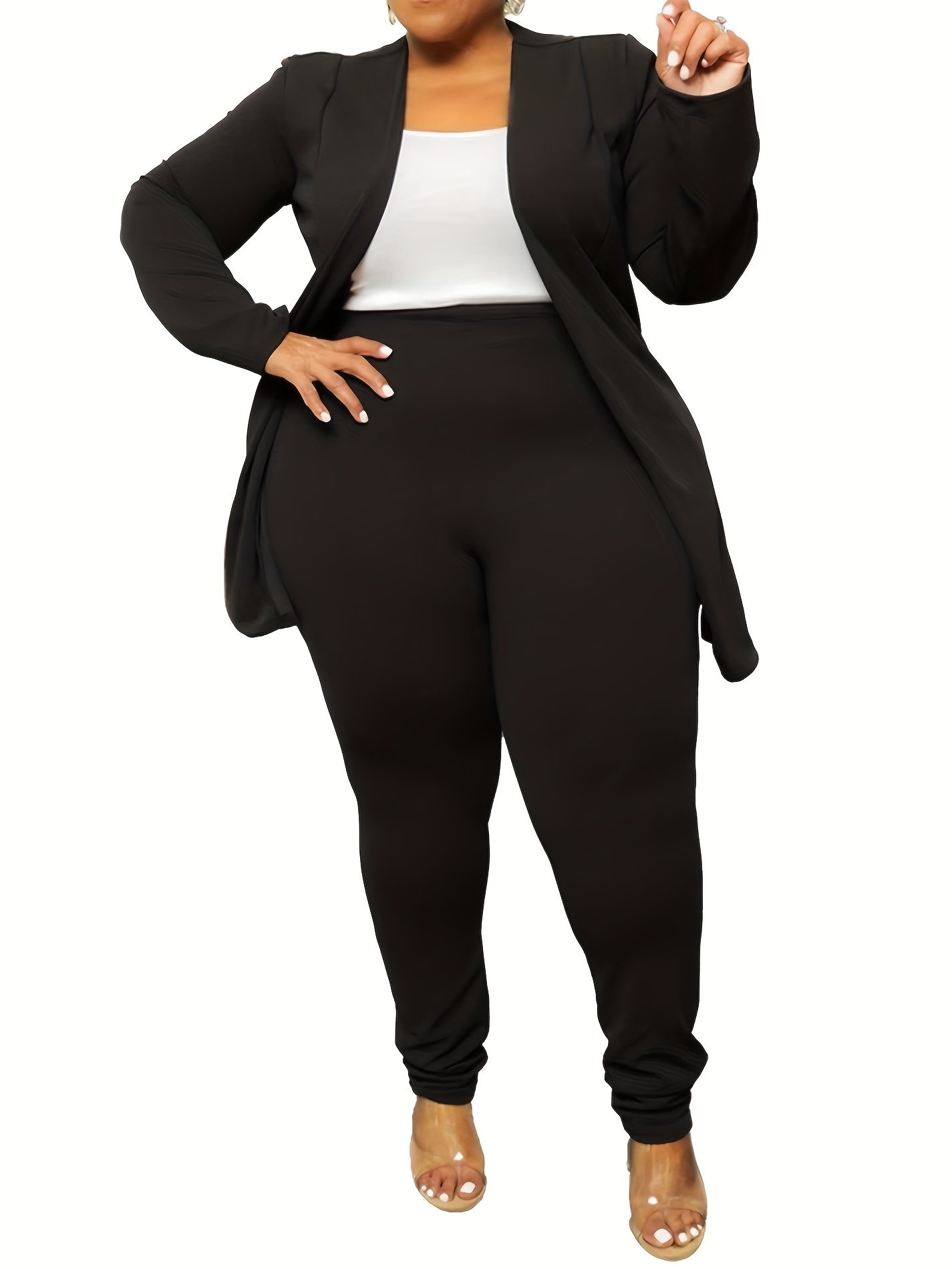 Women's Plus Solid Long Sleeve Open Front Top & Leggings Two Piece Set