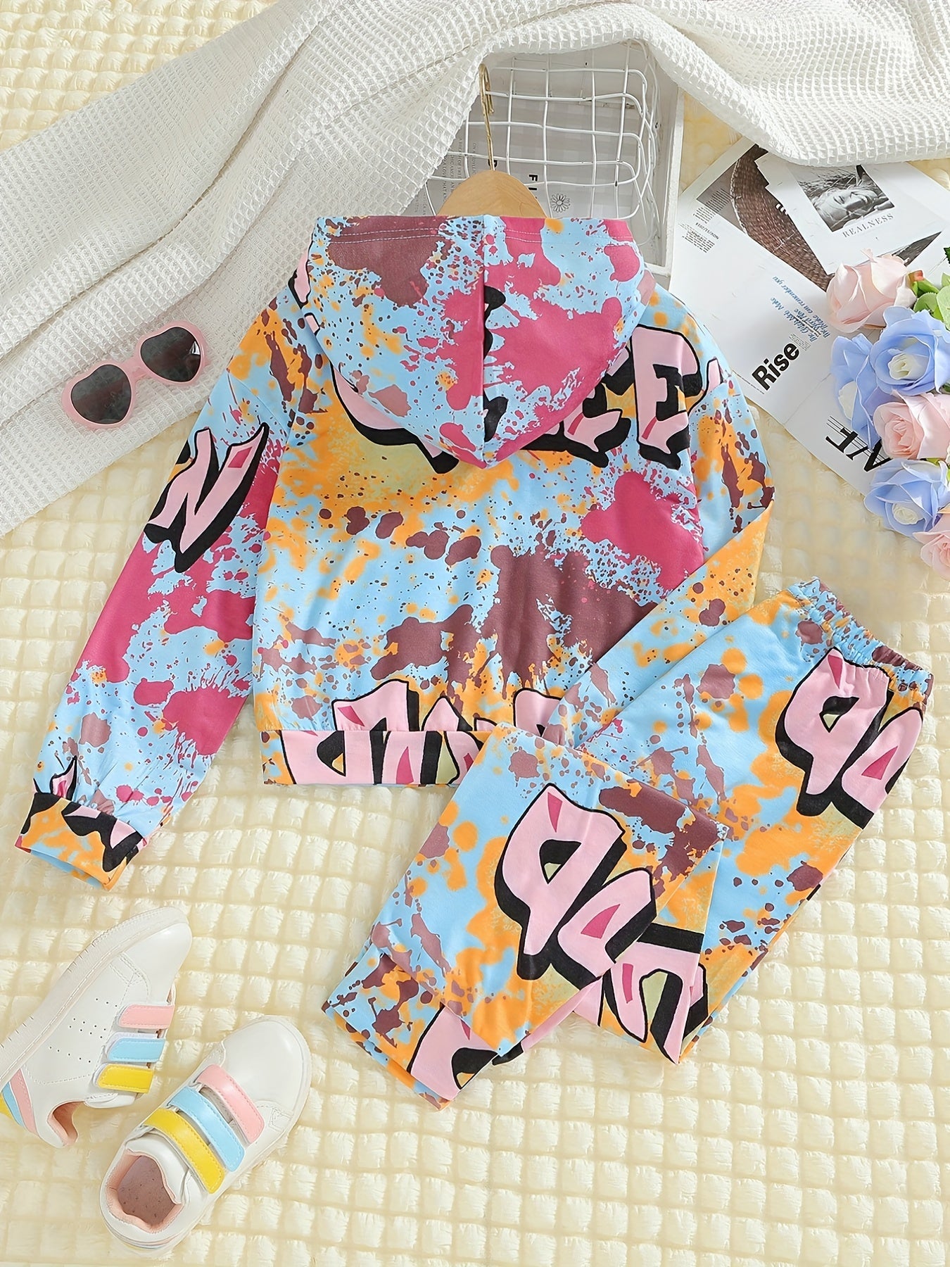 Girl's Splash Long Sleeve Hoodie & Pants Set Letter Print Casual Outfits