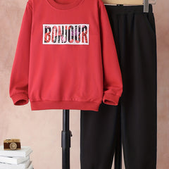 Girl's BONJOUR 2pcs Sweatshirt & Sweatpants Set Tropical Plant Pattern