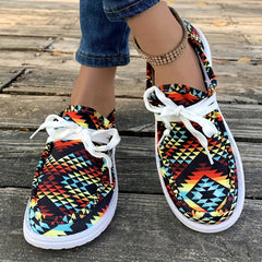 Geometric Pattern Flat Lace Up Loafers Shoes Colorful Non Slip Canvas Sneakers