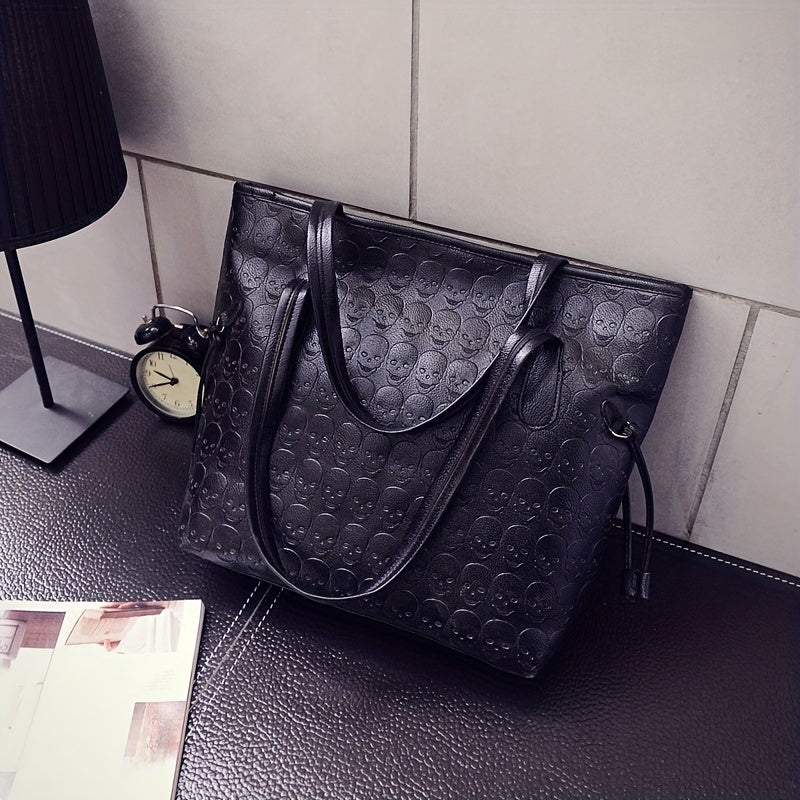 Women's Skull Embossed Tote Bag Large Capacity Shoulder Bag
