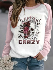Crazy & Skull Print Sweatshirt Long Sleeve Crew Neck Women's Clothing