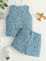 2pcs Baby Boys Animal Print Tank Top & Shorts Set for Summer