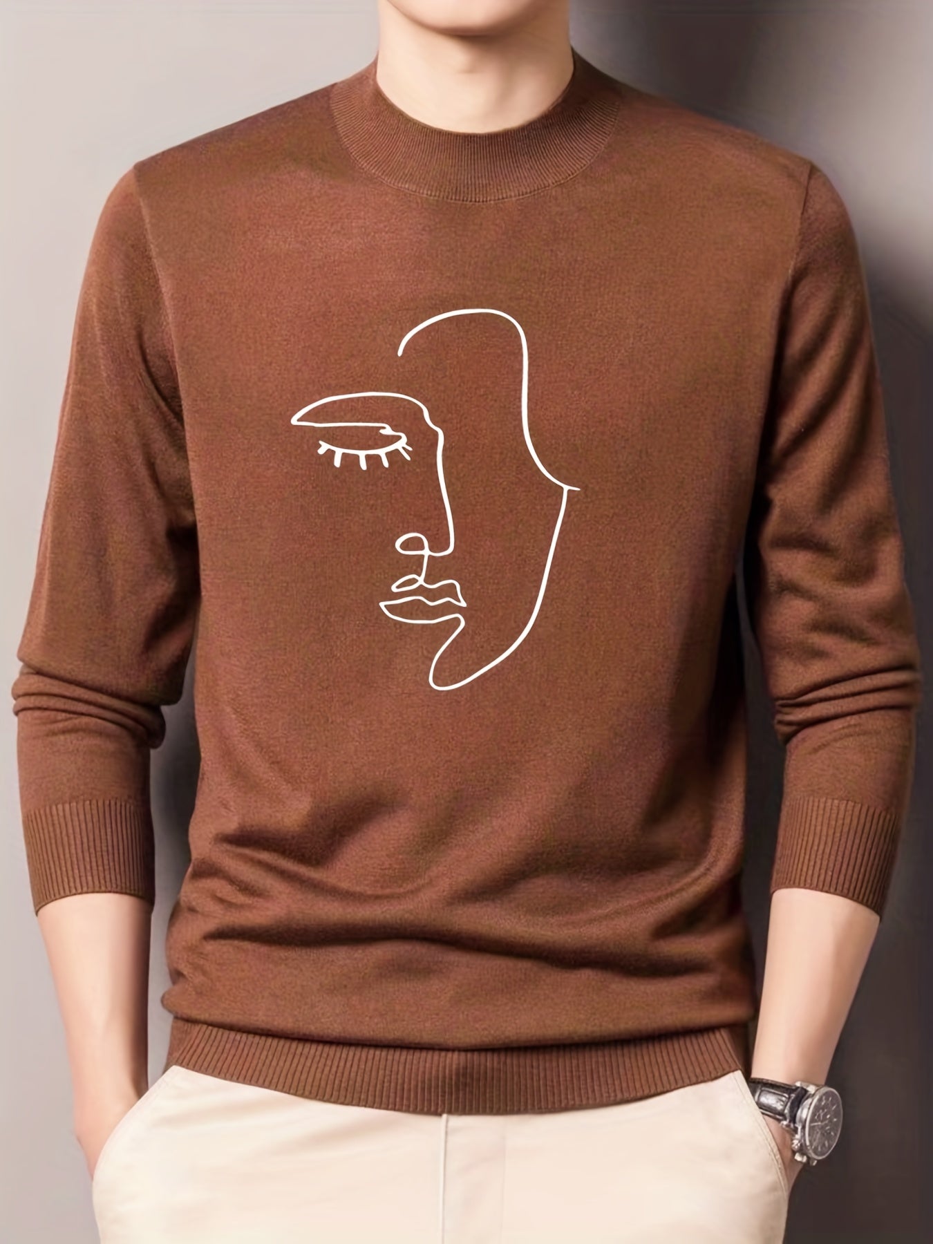 Abstract Face Painting Print Knitted Sweater Men's Warm Crew Neck Pullover