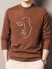 Abstract Face Painting Print Knitted Sweater Men's Warm Crew Neck Pullover