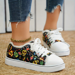 Women's Skull Canvas Sneakers Halloween Lace Up Flats