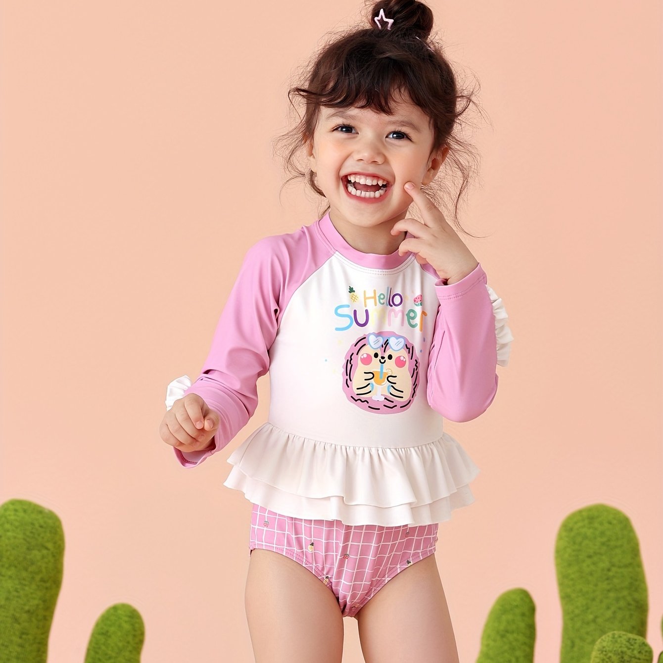 Girls Sweet HELLO Print Ruffle Trim Swimsuit
