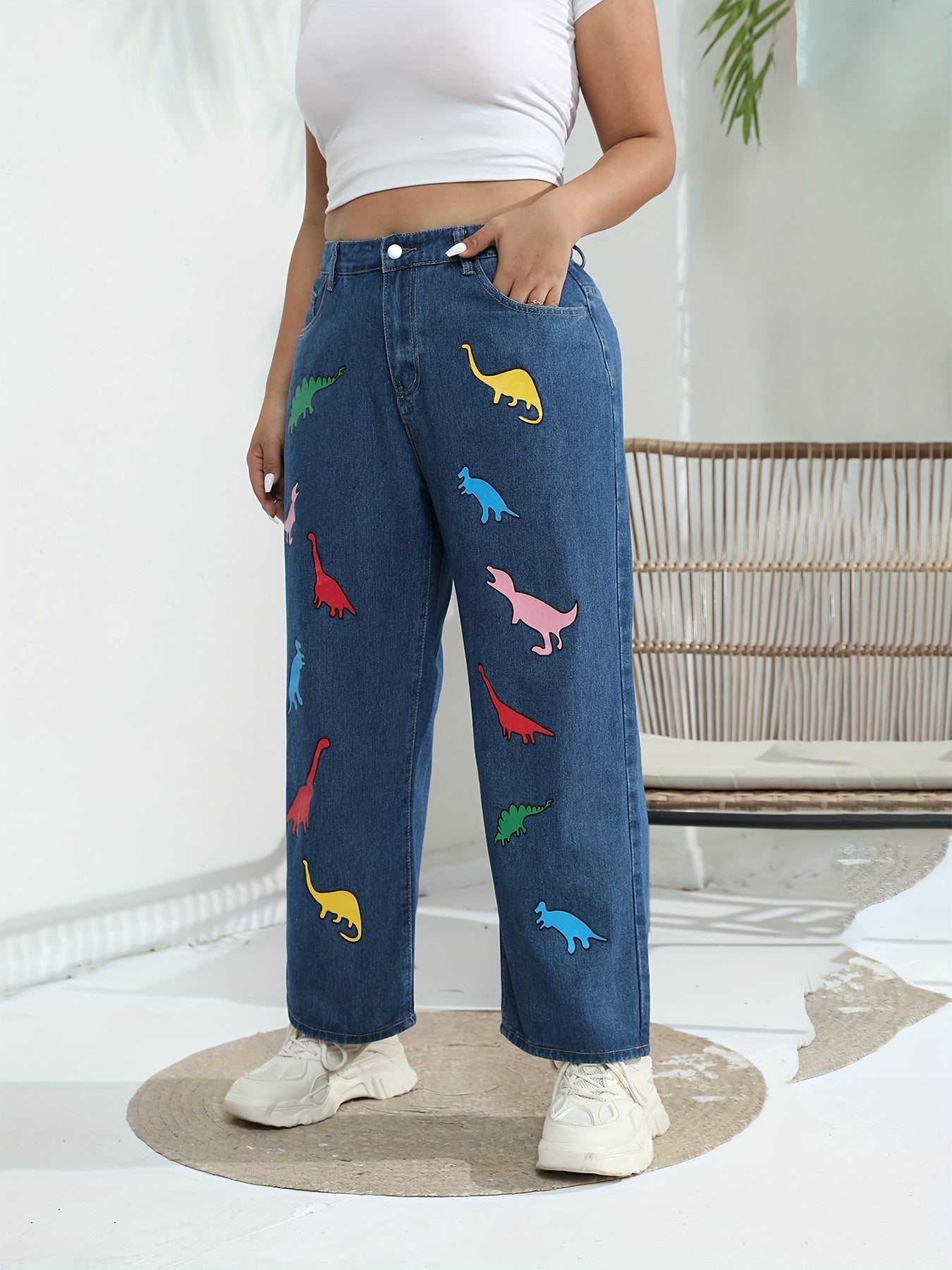 Plus Size Women's Dinosaur Print Wide Leg Jeans