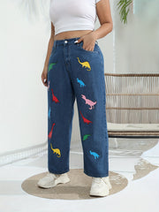 Plus Size Women's Dinosaur Print Wide Leg Jeans