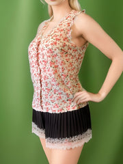 Floral Print Ruffle Trim V Neck Blouse