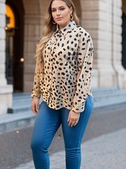 Women's Plus Leopard Print Button Up Long Sleeve Blouse