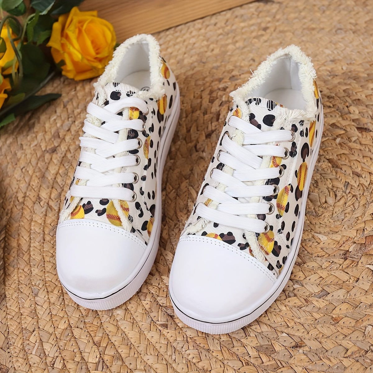 Women's Baseball Print Canvas Lace-Up Sneakers Lightweight Flat Shoes