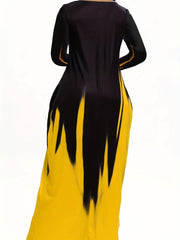 Ombre Print Long Sleeve V Neck Maxi Dress