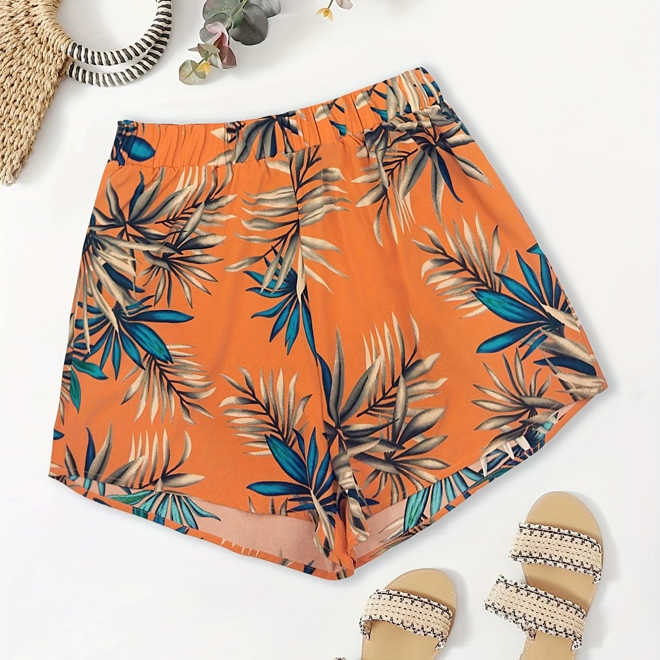 Boho Shorts Women's Plus Leaf Print High Rise Casual Shorts