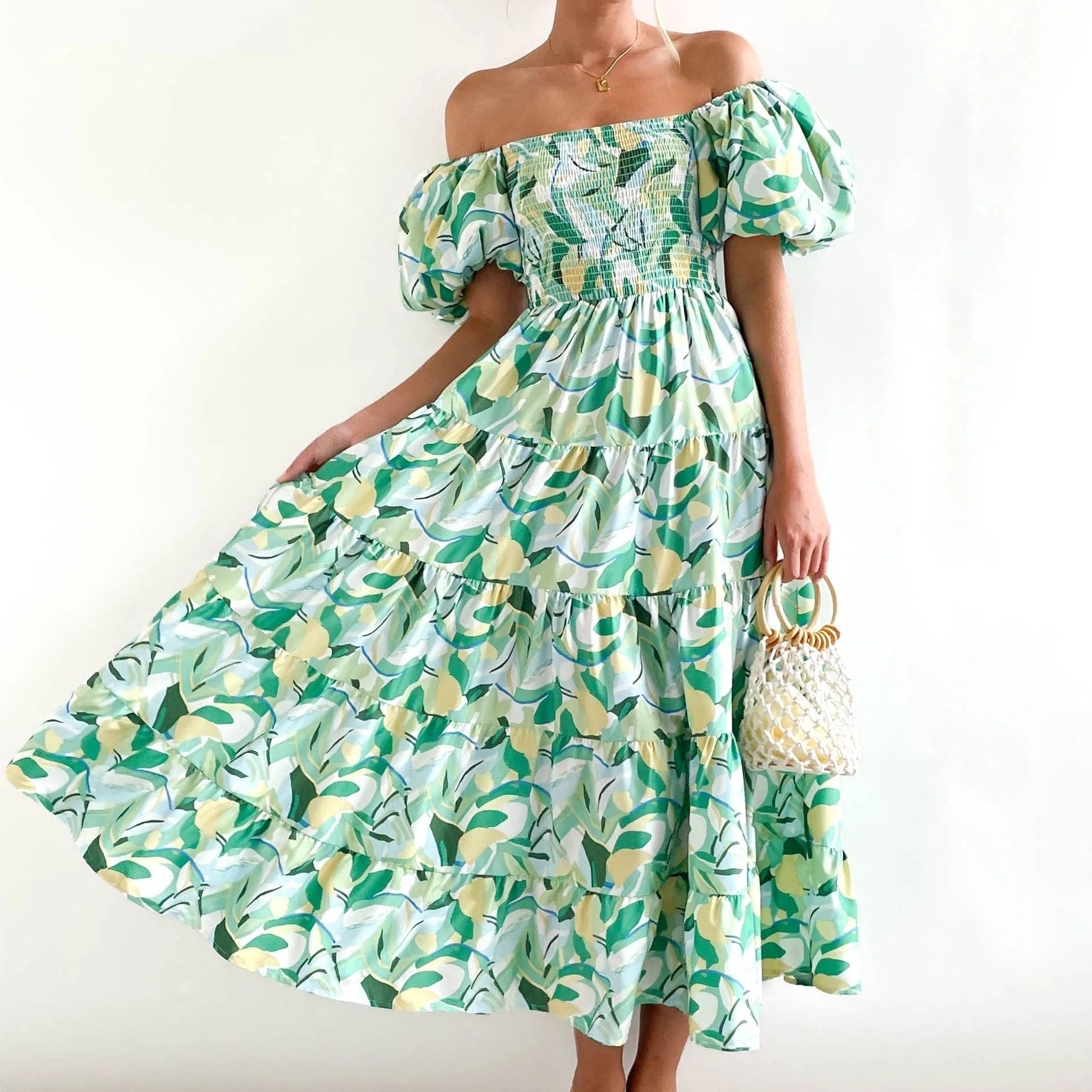 Floral Print Boho Maxi Dress Puff Sleeve Tiered
