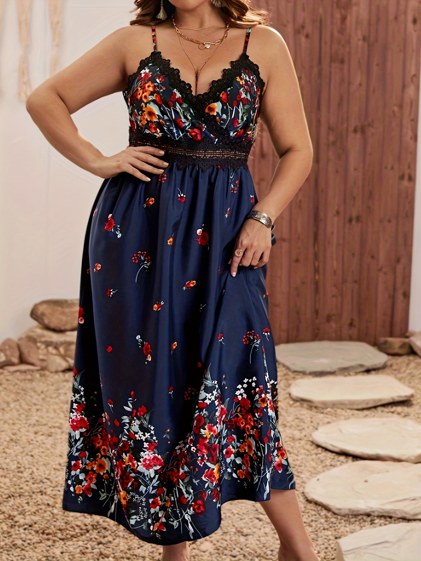 Floral Print Lace Trim Maxi Dress