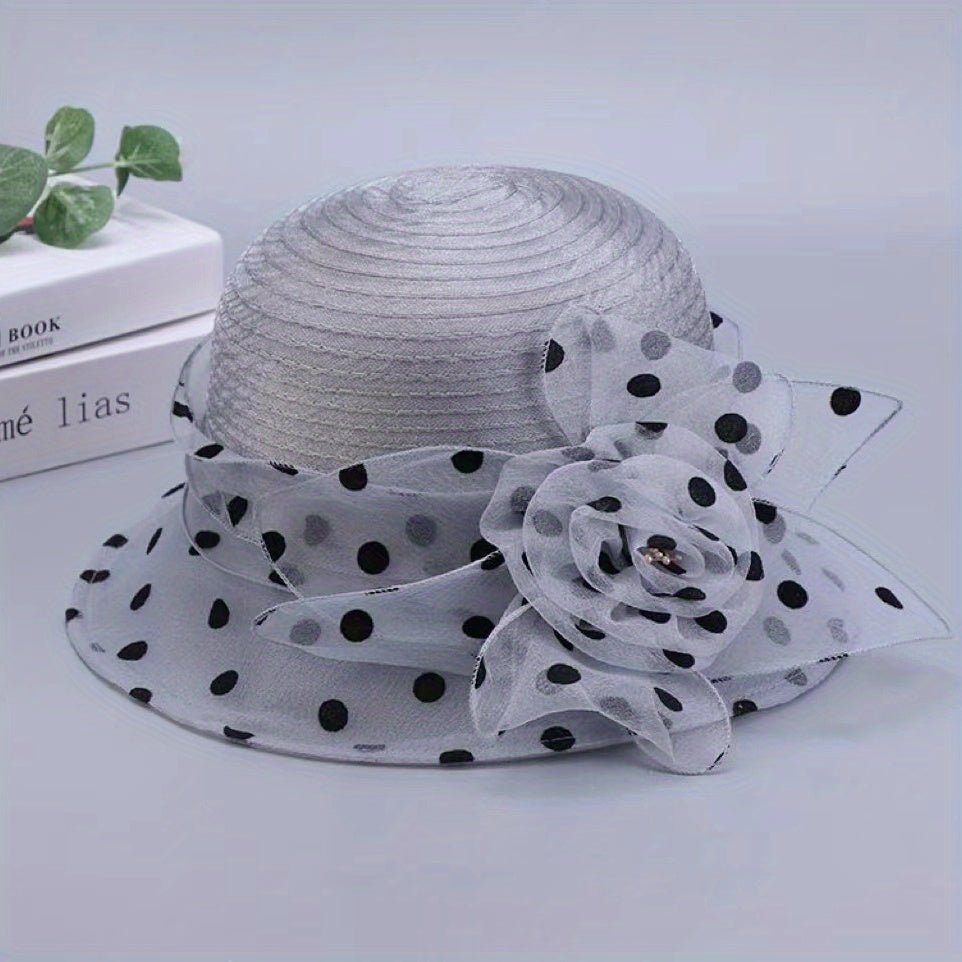 Polka Dot Organza Bucket Hat Flower Decor Sun Hats